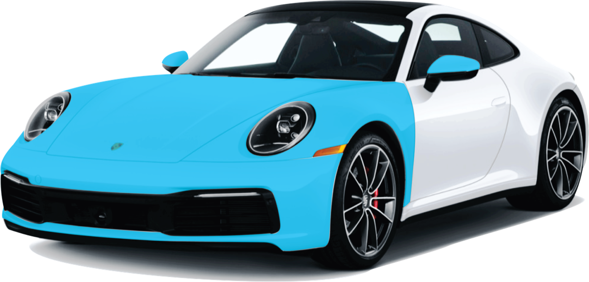 Full Front paint protection film coverage highlighted in blue on a white Porsche 911 - full hood, front bumper, front fenders, mirror caps, and headlights