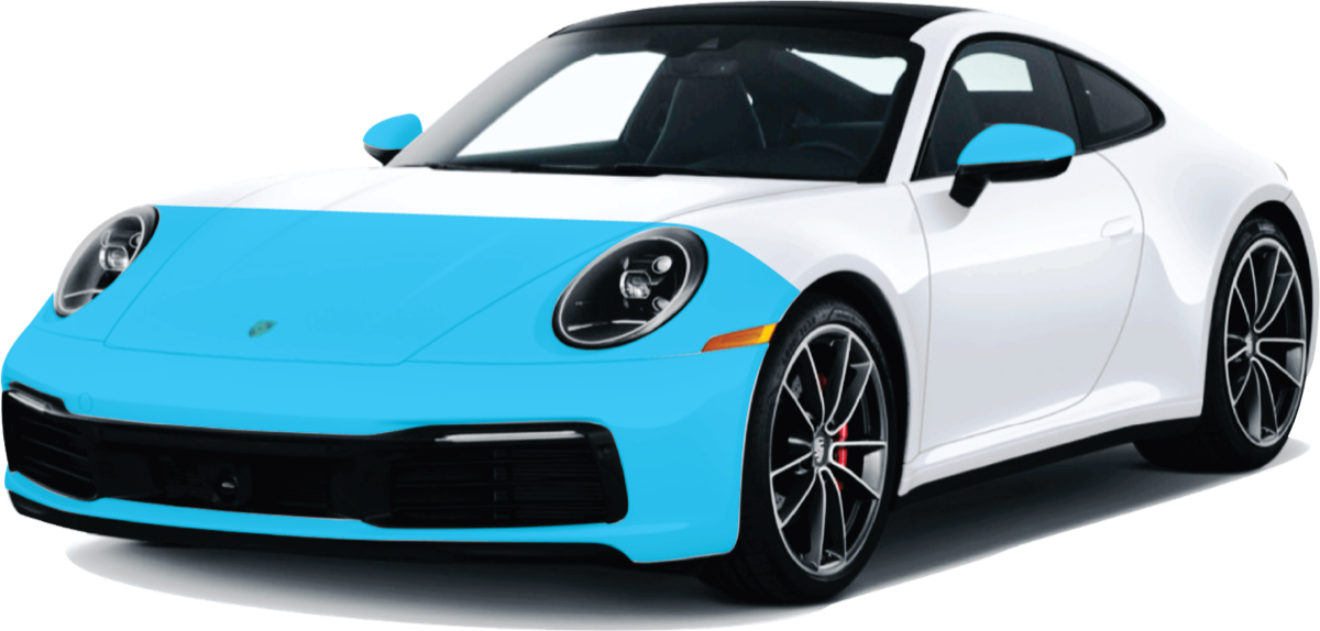 Partial Front paint protection film coverage highlighted in blue on a white Porsche 911 - front bumper, partial hood, mirror caps, and headlight zones