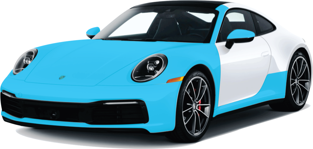 Track Package paint protection film coverage highlighted in blue on a white Porsche 911 - full front end plus rocker panels and other high-wear zones