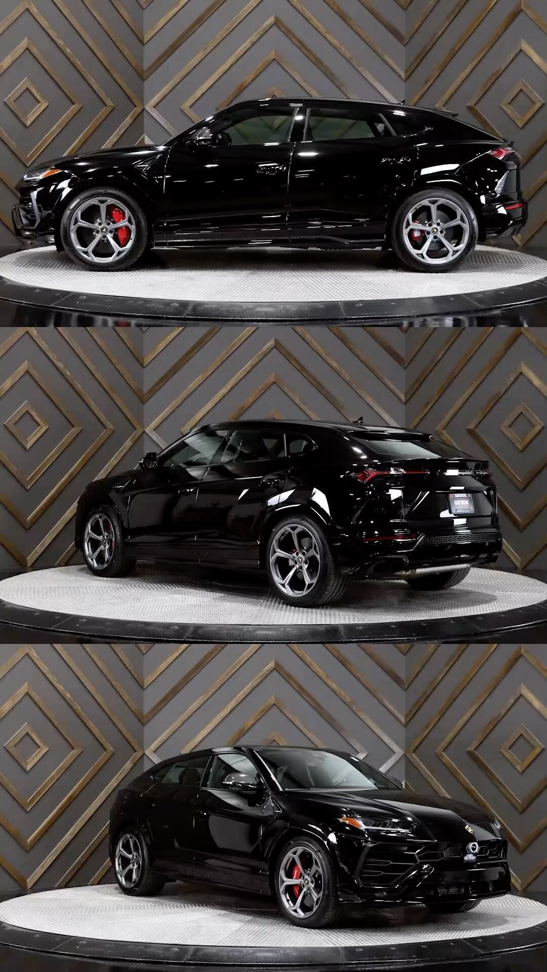 Lamborghini Urus in gloss black, three-angle showroom set